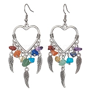 Alloy Heart & Feathter Woven Net Chandelier Earrings, Natural Mixed Gemstone Chips Chakra Earrings, Antique Silver, 70x26.5mm(EJEW-JE05423)