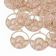 Polyester Thread Woven Pendants, with Glass Seed Beads and Light Gold Plated Alloy Findings, Flat Round with Fan, Pink, 37.5x34.5x2mm, Hole: 1.8mm(FIND-N004-002D)
