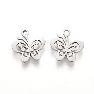 304 Stainless Steel Charms, Laser Cut, Butterfly, Stainless Steel Color, 10x10x1mm, Hole: 1.2mm(STAS-I151-39P)