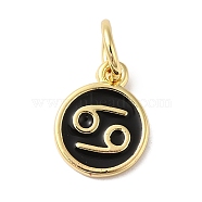 Real 18K Gold Plated Brass Enamel Charms, with Jump Ring, Long-Lasting Plated, Lead Free & Cadmium Free, Flat Round with Cancer Charms, Black, 10x8x1mm, Hole: 4mm(KK-L216-001G-B01)