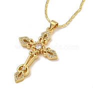 Brass Pave Clear Cubic Zirconia Cross Pendant Necklaces for Women Men, Real 18K Gold Plated, 16.54 inch(42cm)(NJEW-Q346-05G-02)