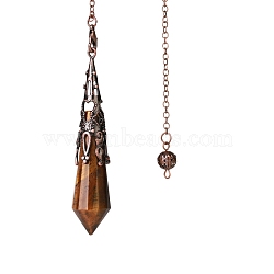 Natural Tiger Eye Dowsing Pendulum Big Pendants, with Red Copper Plated Metal Cone, Hexagonal Cone Charm, 260mm(PW-WGF0B2B-03)