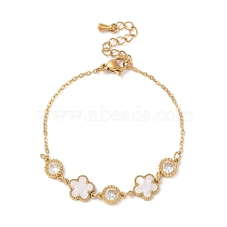 Cubic Zirconia & Resin Flower Link Bracelet, with Ion Plating(IP) Golden 304 Stainless Steel Cable Chains, White, 6-1/4 inch(16cm)(BJEW-D025-05G-02)