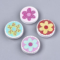 Printed Wood Beads, Dyed, Flat Round with Flower Pattern, Mixed Color, 22x5mm, Hole: 1.6mm, about 450pcs/500g(WOOD-N005-13)