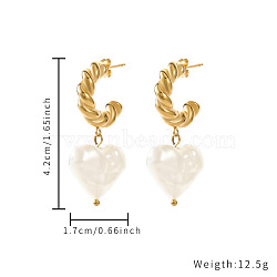 Fashionable Stainless Steel Heart Stud Earrings, with Imitation Pearl, Real 18K Gold Plated, 42x17mm(IA6903)