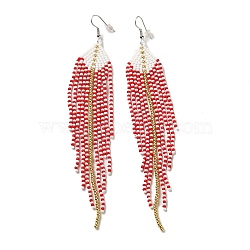 Bohemia Woven Glass Seed Bead Dangle Earrings, Tassel Chandelier Iron Earrings for Women, Red, 140mm(EJEW-A046-04E)