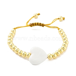 Handmade Lampwork Heart Bracelets, Adjustable 6mm Round Brass Braided Bead Bracelets for Women, Real 18K Gold Plated, White, Inner Diameter: 1-7/8~3-1/8 inch(4.8~7.8cm), Heart: 19x20.5x7mm(BJEW-Q338-01J)