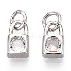 Brass Micro Pave Clear Cubic Zirconia Charms, with Jump Ring, Lock Charm, Platinum, 9x5x3mm, Hole: 3.4mm(KK-E068-VB225)