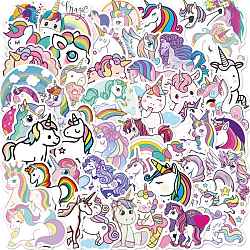 PVC Cute Unicorn Cartoon Stickers, Waterproof Self-adhesive Decals, for Suitcase, Skateboard, Refrigerator, Helmet, Mobile Phone Shell, Mixed Color, 40~70mm, 50pcs/set(UNIC-PW0001-005A)