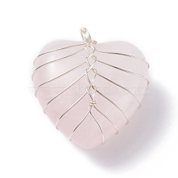 Natural Rose Quartz Pendants, with Copper Wire, Heart, 34x30x18mm, Hole: 6mm(PALLOY-JF01283-01)
