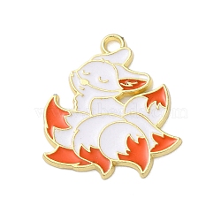 Alloy Enamel Pendants, Golden, Nine-tailed Fox Charm, Orange Red, 27x23.5x1.5mm, Hole: 2mm(ENAM-I059-B-04)