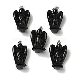 Natural Obsidian Pendants, Angel Charms with Platinum Plated Alloy Snap on Bails, 31~31.5x17~18x12mm, Hole: 7.5x4mm(G-C095-03P-08)