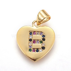 Brass Micro Pave Cubic Zirconia Pendants, Heart with Letter, Colorful, Letter.B, 17x15x1.5mm, Hole: 3.5x4.5mm(ZIRC-F093-57G-B)