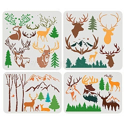 4Pcs 4 Styles Plastic Painting Stencils Sets, Reusable Drawing Stencils, for Painting on Scrapbook Fabric Tiles Floor Furniture Wood, Elk in Forest, White, Deer Pattern, 30x30cm, 1pc/style(DIY-WH0172-836)