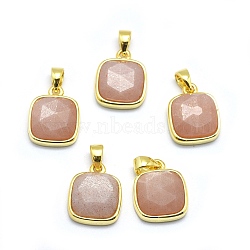 Natural Sunstone Pendants, with Golden Tone Brass Findings, Square, Faceted, 13x11x5mm, Hole: 3.5x5.5mm(X-G-O176K-04G)