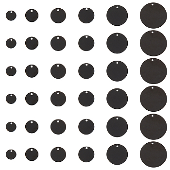 Elite 36Pcs 6 Style 304 Stainless Steel Pendants, Blank Stamping Tag, Flat Round, Electrophoresis Black, 8~25x1mm, Hole: 1.2~1.5mm, 6pcs/style