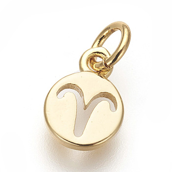 Brass Charms, Lead Free & Cadmium Free, Flat Round with Constellations, Golden, Aries, 9.5x7x1mm, Hole: 3mm