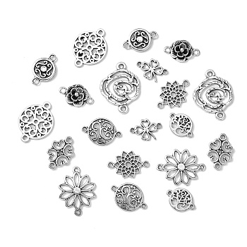 20Pcs 10 Styles Tibetan Style Alloy Connector Charms, Flower & Chakra Sahasrara & Clover, for Mother's Day Gift Making, Antique Silver, 12~26x12~20x1~3mm, Hole: 1.5~2mm,  2pcs/style