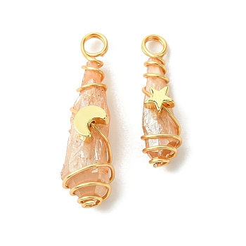 2Pcs Electroplated Natural Quartz Crystal Dyed Copper Wire Wrapped Pendants, Teardrop Charms with Brass Star & Moon, Golden, Wheat, 28~37x9.5~15.5x7.5~16mm, Hole: 3.5~4mm