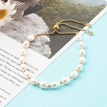 Rice Natural Pearl Slide Bracelets, Bolo Bracelets, with 304 Stainless Steel Box Chains, Golden, White, Inner Diameter: 1-7/8~3-1/8 inch(4.8~7.8cm)