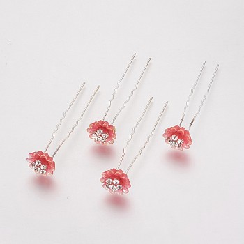 (Defective Closeout Sale), Lady's Hair Forks, with Silver Color Plated Iron Findings, Rhinestone and Resin, Flower, Crystal, Indian Red, 75mm