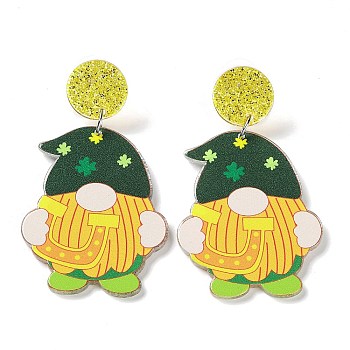 Saint Patrick's Day Sparkling Acrylic Dangle Stud Earrings, Gnome, Gold, 61x34.5mm