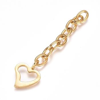 304 Stainless Steel Chain Extender, Cable Chain, with Pendants, Heart, Golden, 66.5mm, Link: 9x6x1.4mm