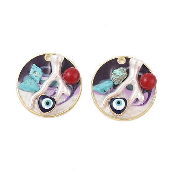 Rack Plating Alloy Enamel Pendants, with Resin & ABS Imitation Pearl Beads & Synthetic Turquoise, Cadmium Free & Nickel Free & Lead Free, Golden, Flat Round with Heart & Evil Eye, Indigo, 30x8.5mm, Hole: 1.9mm