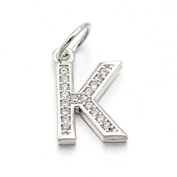 Brass Micro Pave Cubic Zirconia Charms, Letter.K, Platinum, 14.5x9x2mm, Hole: 5mm