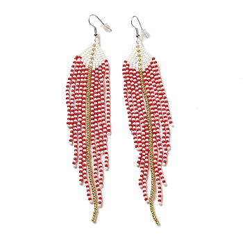 Bohemia Woven Glass Seed Bead Dangle Earrings, Tassel Chandelier Iron Earrings for Women, Red, 140mm