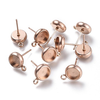 Ion Plating(IP) 304 Stainless Steel Stud Earring Settings, with Loop, Flat Round, Rose Gold, Flat Round: 11x8.3mm, Hole: 1.6mm, Pin: 0.8mm, Tray: 6mm