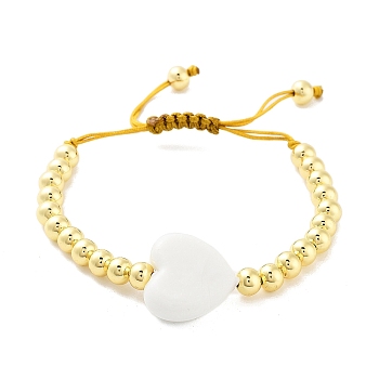 Handmade Lampwork Heart Bracelets, Adjustable 6mm Round Brass Braided Bead Bracelets for Women, Real 18K Gold Plated, White, Inner Diameter: 1-7/8~3-1/8 inch(4.8~7.8cm), Heart: 19x20.5x7mm