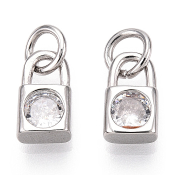 Brass Micro Pave Clear Cubic Zirconia Charms, with Jump Ring, Lock Charm, Platinum, 9x5x3mm, Hole: 3.4mm