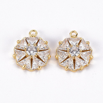 Brass Micro Pave Clear Cubic Zirconia Charms, Flat Round, Real 18K Gold Plated, 14x12x2mm, Hole: 1.2mm