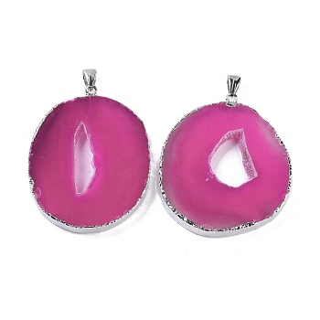 Natural Agate Big Pendants, Oval Charms, Dyed & Heated, with Platinum Plated Brass Findings, Deep Pink, 50~62x33~43x5~7mm, Hole: 7.5x4.5mm