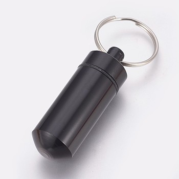 Outdoor Portable Aluminium Alloy Small Pill Case, with Iron Key Ring, Black, 50.5x17mm