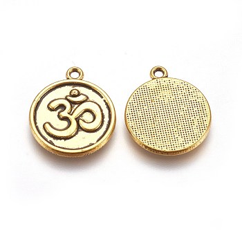 Tibetan Style Alloy Pendants, Aum/Om Symbol, Cadmium Free & Lead Free, Flat Round, Antique Golden, 21x18x2mm, Hole: 2mm