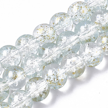 Transparent Spray Painted Crackle Glass Bead Strands, with Golden Foil, Round, Pale Turquoise, 8~9mm, Hole: 1.2~1.5mm, about 46~56pcs/Strand, 14.37 inch~16.3 inch(36.5~41.4cm)