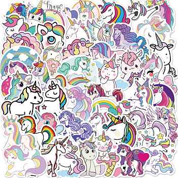 PVC Cute Unicorn Cartoon Stickers, Waterproof Self-adhesive Decals, for Suitcase, Skateboard, Refrigerator, Helmet, Mobile Phone Shell, Mixed Color, 40~70mm, 50pcs/set