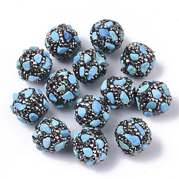 Polymer Clay Rhinestone Beads, with Synthetic Turquoise Chips, Round, 16~18mm, Hole: 1.6mm