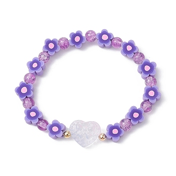 Handmade Flower Polymer Clay Stretch Bracelets, Crackle Glass Heart Beaded Bracelets for Women, Lilac, Inner Diameter: 2-1/8 inch(5.3cm)