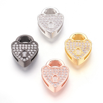 Brass Micro Pave Cubic Zirconia Slide Charms, Lead Free & Cadmium Free & Nickel Free, Long-Lasting Plated, Heart Lock, Clear, Mixed Color, 14x11x4.5mm, Hole: 1.5x10.5mm