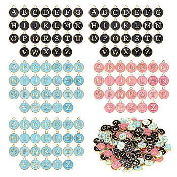Golden Plated Alloy Enamel Charms, Enamelled Sequins, Flat Round with Alphabet, Letter A~Z, Mixed Color, 14x12x2mm, Hole: 1.5mm, 26pcs/set, 5sets/box