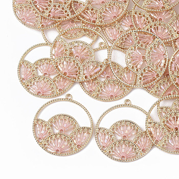 Polyester Thread Woven Pendants, with Glass Seed Beads and Light Gold Plated Alloy Findings, Flat Round with Fan, Pink, 37.5x34.5x2mm, Hole: 1.8mm