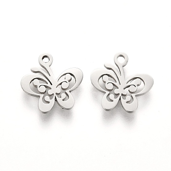 304 Stainless Steel Charms, Laser Cut, Butterfly, Stainless Steel Color, 10x10x1mm, Hole: 1.2mm