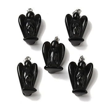 Natural Obsidian Pendants, Angel Charms with Platinum Plated Alloy Snap on Bails, 31~31.5x17~18x12mm, Hole: 7.5x4mm