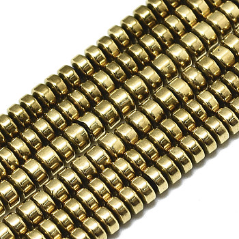 Electroplate Non-magnetic Synthetic Hematite Beads Strands, Heishi Beads, Flat Round/Disc, Real 18K Gold Plated, 3x2mm, Hole: 1mm, about 195~200pcs/strand, 15.75 inch(40cm)