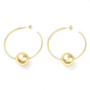 Rack Plating Brass Ring with Ball Stud Earrings, Half Hoop Earrings for Women, Real 18K Gold Plated, 64x57x20mm