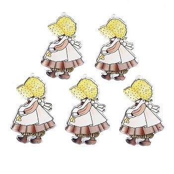 Transparent Printed Acrylic Big Pendants, Goose with Girl, Yellow, 70.5x41x3.5mm, Hole: 2mm