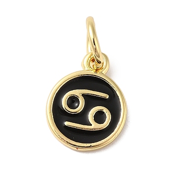 Real 18K Gold Plated Brass Enamel Charms, with Jump Ring, Long-Lasting Plated, Lead Free & Cadmium Free, Flat Round with Cancer Charms, Black, 10x8x1mm, Hole: 4mm